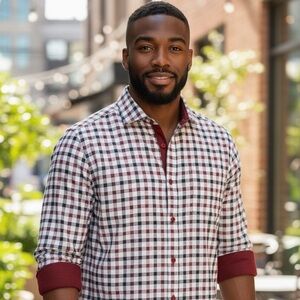 Suslo Couture Men's Size Medium Slim Fit Red Black White Check Flip Cuff Shirt